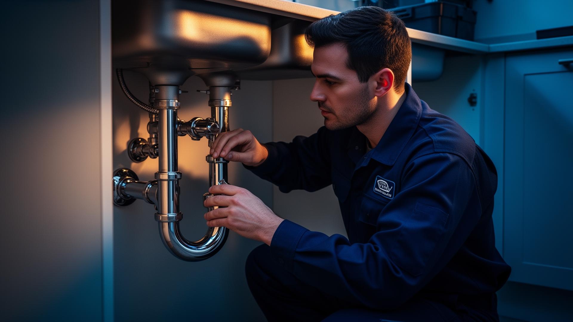 Licensed Odessa plumber repairing chrome pipes under a kitchen sink
